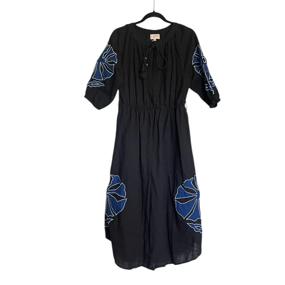Ciebon Tiana Floral Embroidered Maxi Dress Black Cotton with Blue Embroidery sz…